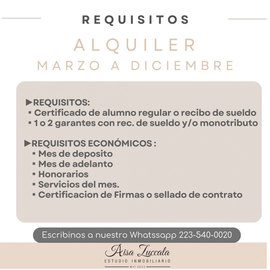 ALQUILER MARZO A DICIEMBRE ! 