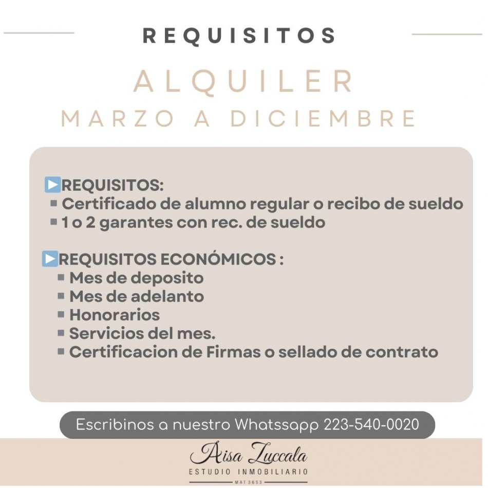 ALQUILER MARZO A  DICIEMBRE - ZONA CENTRO
