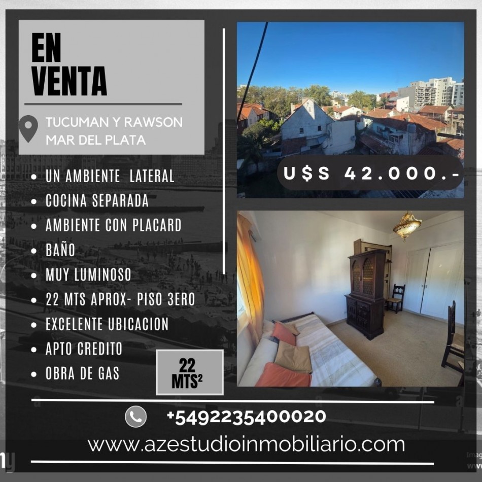 EN VENTA- 1 AMBIENTE - ZONA TUCUMAN Y RAWSON