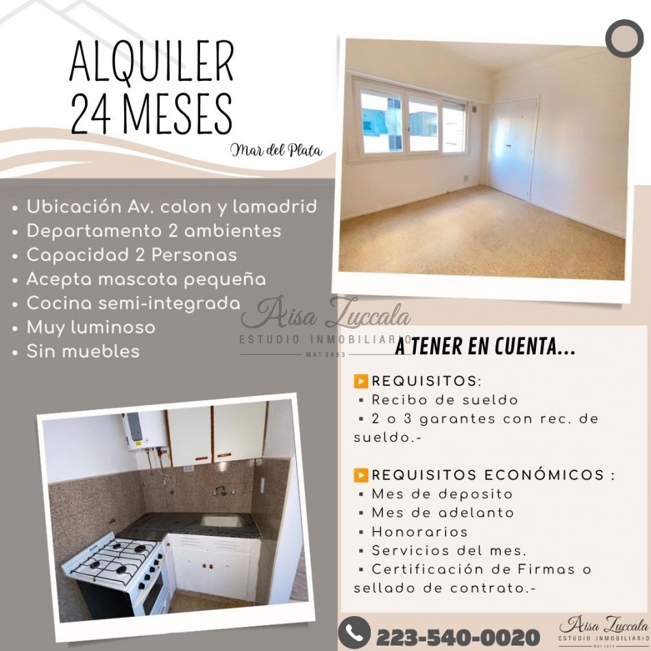 ALQUILER 24 MESES - ZONA PLAZA COLON